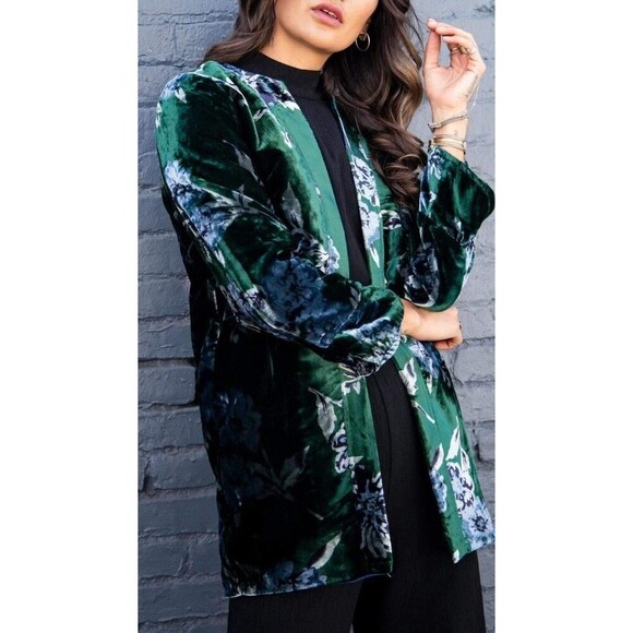EVA Franco Womens XL New Green Floral Velvet Car Jacket Kimono Open MSRP $189 - Picture 7 of 11